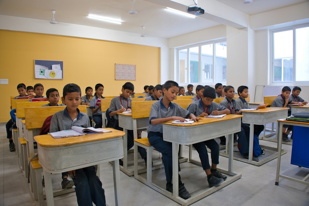 Students learning together in a bright classroom in Chennai